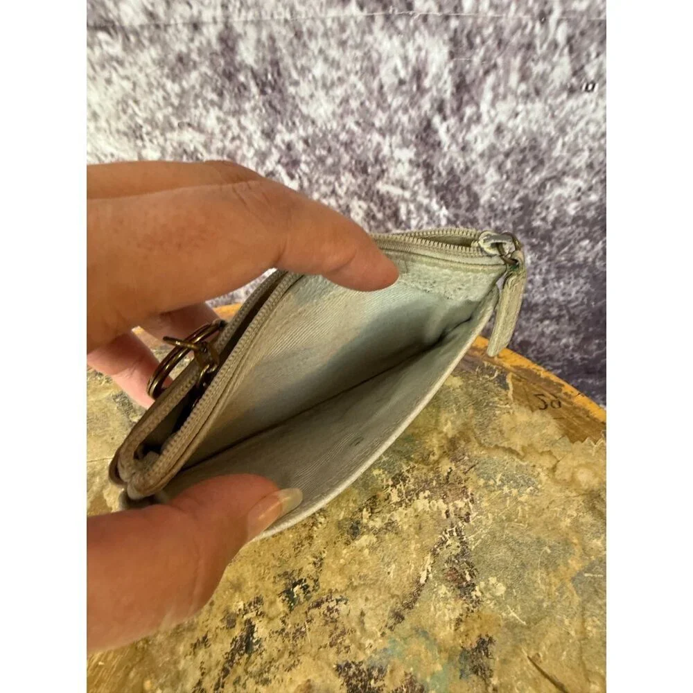 Leather Wallet Cream Floral‎ Embroidered Zip Small Keychain Boho Card Case
